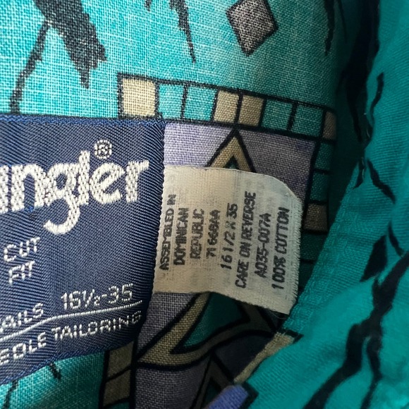 Wrangler Cowboy Cut Aztec Western Shirt Mens 16.5-35 Turquoise Geometric Cotton - Picture 5 of 12